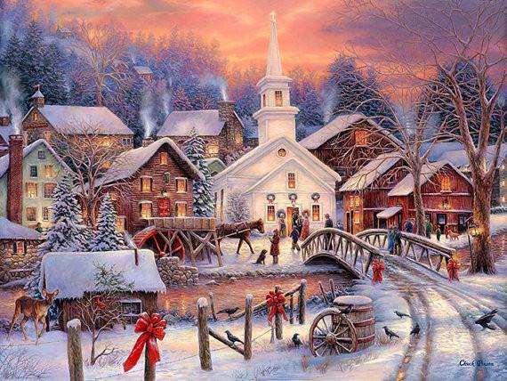 570x428 Christmas Painting, Snow Village Canvas Art, Large Church Painting - Winter Painting Images