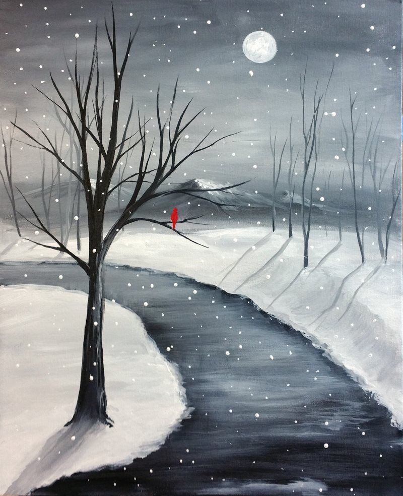 800x984 Paint Nite. One Lone Red Cardinal. Beginner Canvas Painting Idea - Winter Scene Painting