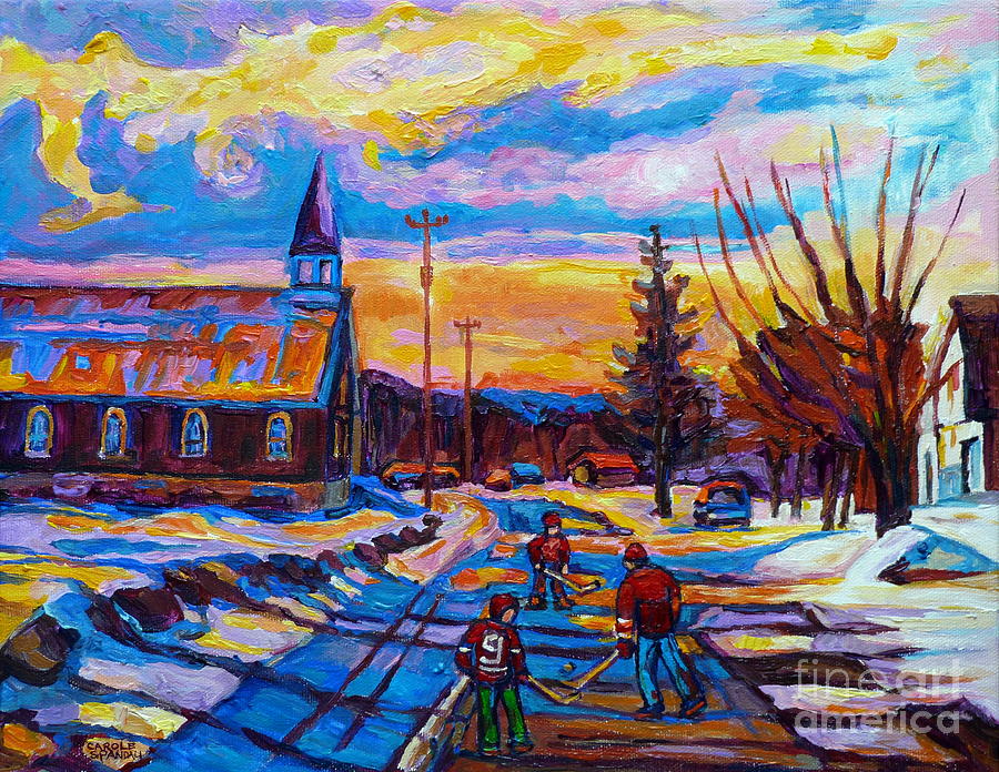 900x696 Winter Scene Painting Hockey Game In The Village Rural Hockey - Winter Scene Painting