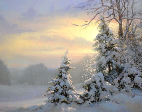 557x440 Winter Sunset Scene - Winter Scene Painting