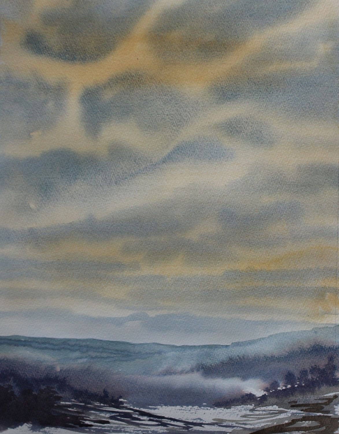 1173x1500 Original Watercolour Landscape Of Cornwall, Winter Sky, Winter - Winter Sky Painting