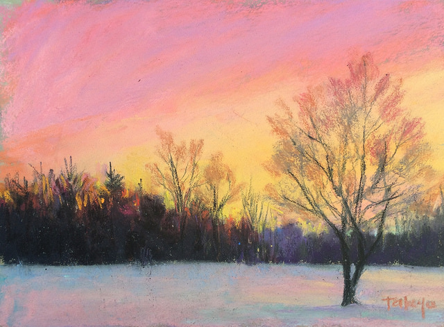 640x471 Red Winter Sky - Winter Sky Painting