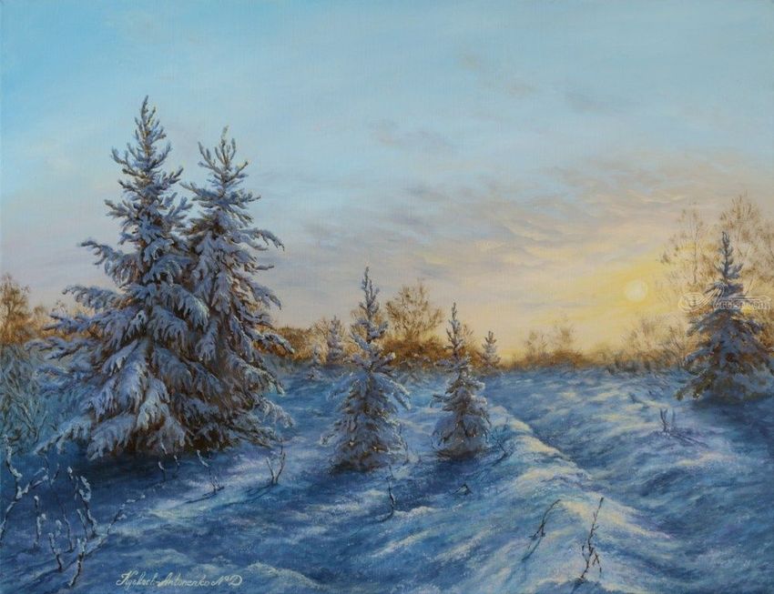 850x653 Winter Sunset Paintings By Nataliya Kyrkachantonenko - Winter Sky Painting