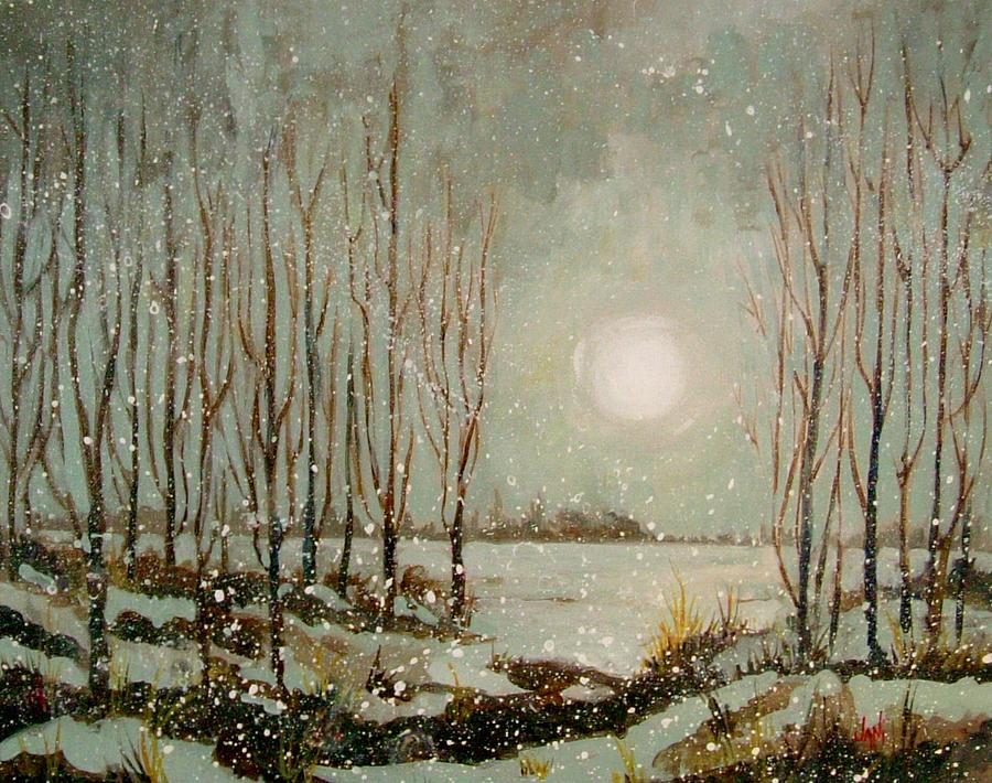 900x710 Aqua Sky And Winter Moon Painting By Jane Francis - Winter Sky Painting