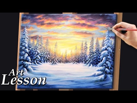 480x360 Painting A Realistic Winter Landscape - Winter Sunset Painting