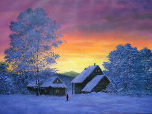 640x481 Priyadarshi Gautam Artwork A Winter View At Sunset Original - Winter Sunset Painting