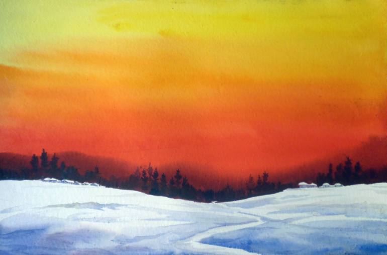 770x507 Saatchi Art Sunset Amp Winter Snowy Mountain Landscape Watercolor - Winter Sunset Painting
