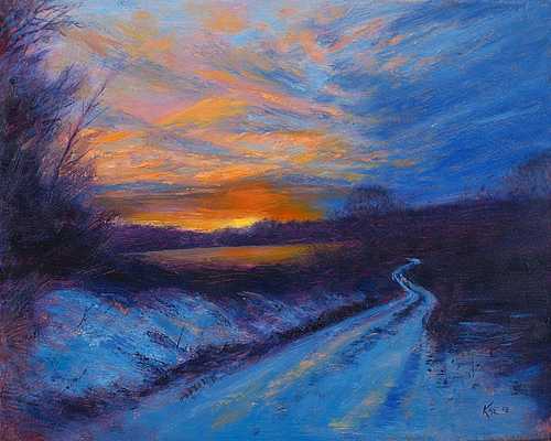 500x400 Winter Sunset 8x10 In. Oil On Masonite - Winter Sunset Painting