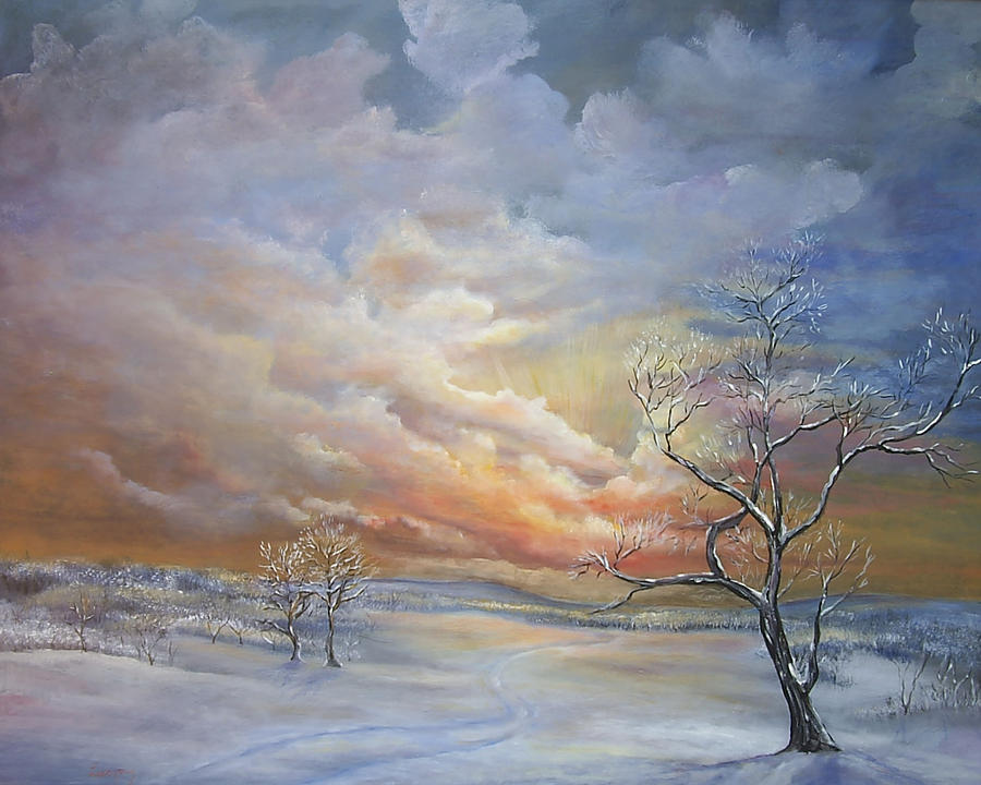 900x720 Winter Sunset Painting By Katalin Luczay - Winter Sunset Painting