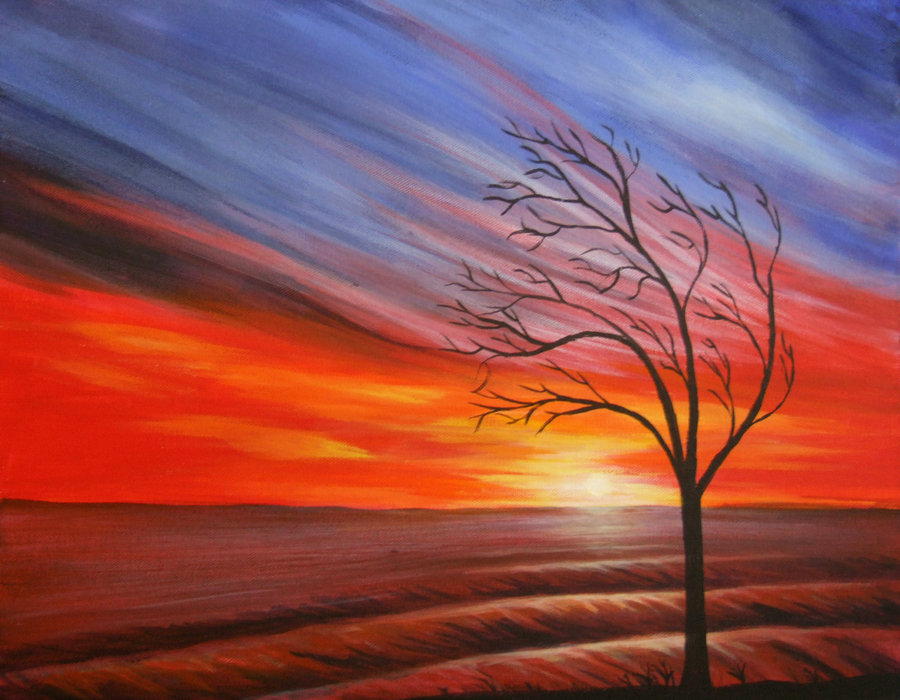 900x700 Winter Sunset By Pygar - Winter Sunset Painting