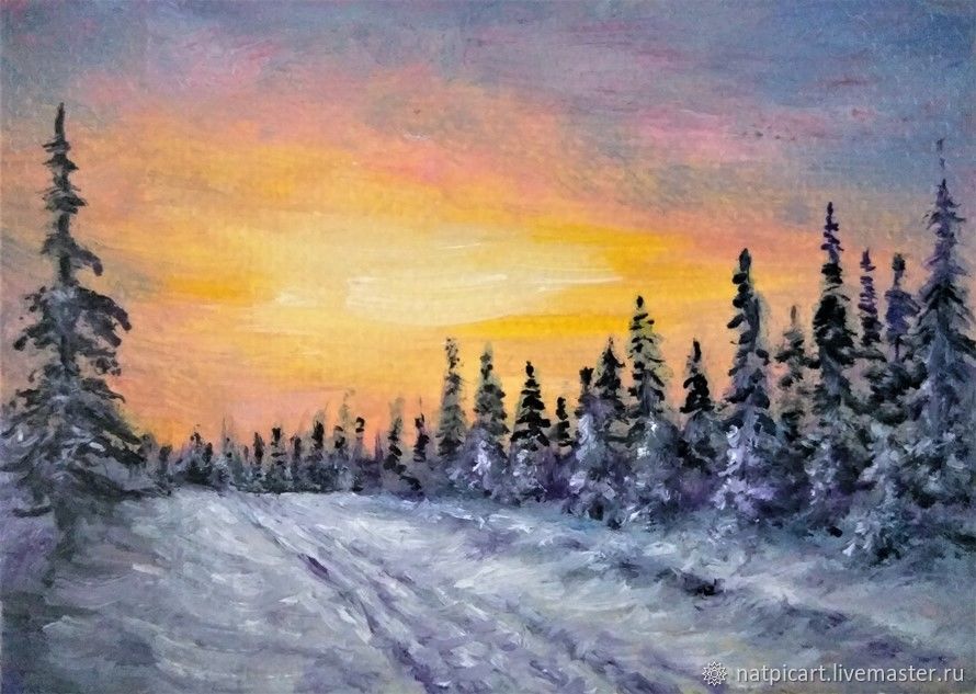 890x633 Winter Sunset In The Forest Oil On Canvas Painting Miniature - Winter Sunset Painting