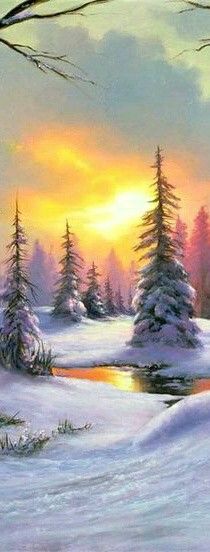 210x552 Winter Sunset Painting, Snow Covered Trees And Creek In Golden - Winter Sunset Painting