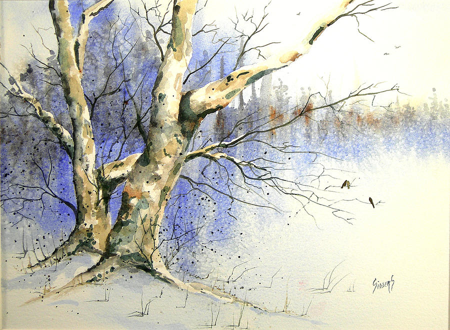 900x660 Winter Tree With Birds Painting By Sam Sidders - Winter Tree Painting