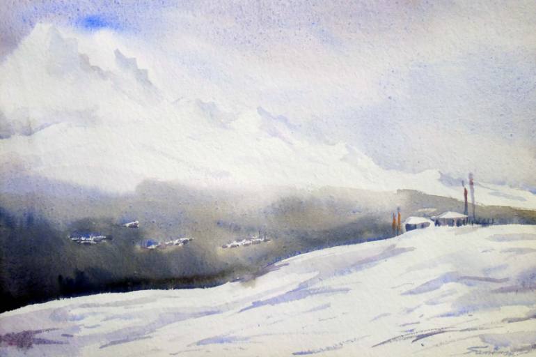 770x512 Saatchi Art Winter Himalaya Landscape Watercolor Painting - Winter Watercolor Painting