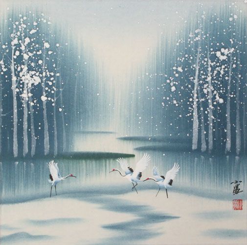 505x500 Cranes Winter Watercolor Painting Art I Like - Winter Watercolor Painting