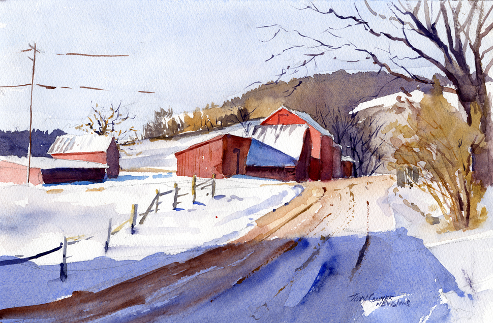 970x636 Cross Hill Road Winter Watercolor Plein Air Landscape - Winter Watercolor Painting