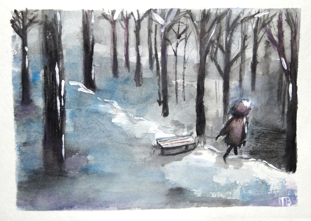 1044x742 Original Watercolor Painting Of Child In Winter Woods With Sled - Winter Woods Painting
