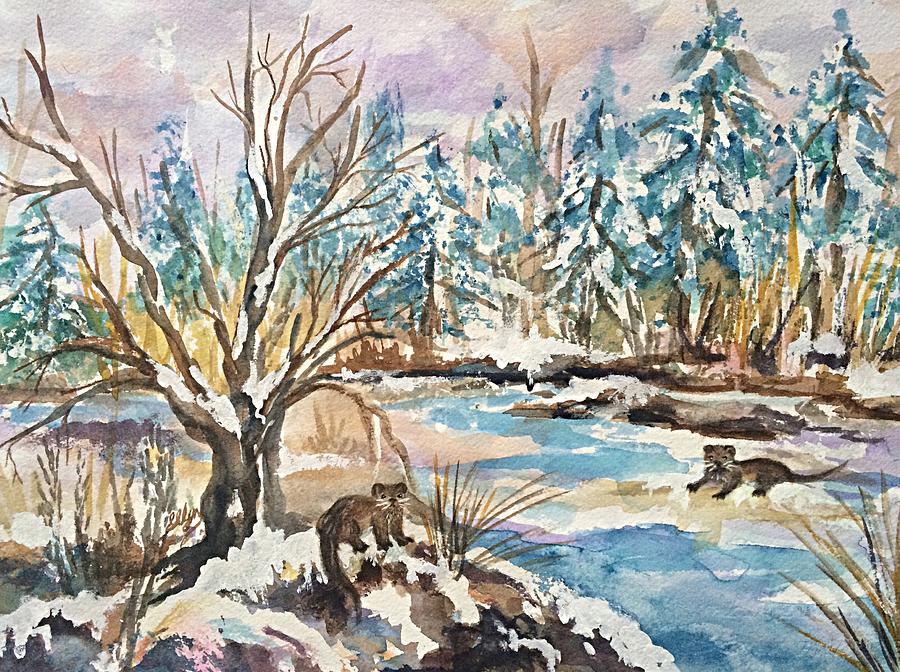 900x672 Otters In Winter Woods Painting By Ellen Levinson - Winter Woods Painting