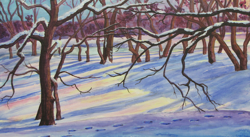 500x275 Paintings Tracks In The Winter Woods By David Bratzel Artist - Winter Woods Painting
