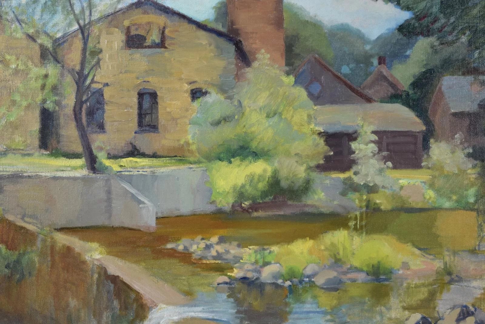 1600x1067 Wisconsin Impressionist Oil Painting River Dam Stone Buildings - Wisconsin Painting