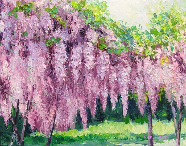 789x618 Wisteria Garden Landscape Oil Painting Flower With By Nufineart5 - Wisteria Tree Painting
