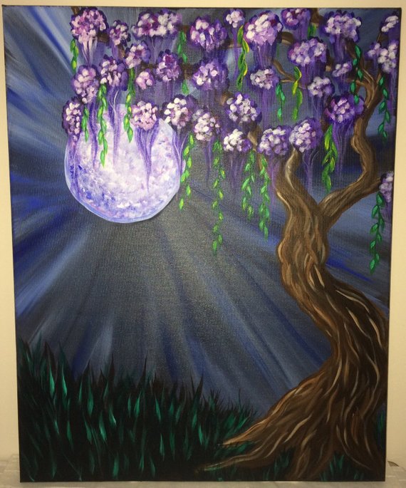 570x685 Wisteria Tree In The Moonlight 16x20 Acrylic Painting - Wisteria Tree Painting