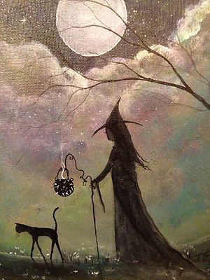 300x400 Original Ooak Painting Cat Witch Gothic Halloween Prinitive Folk - Witch Painting