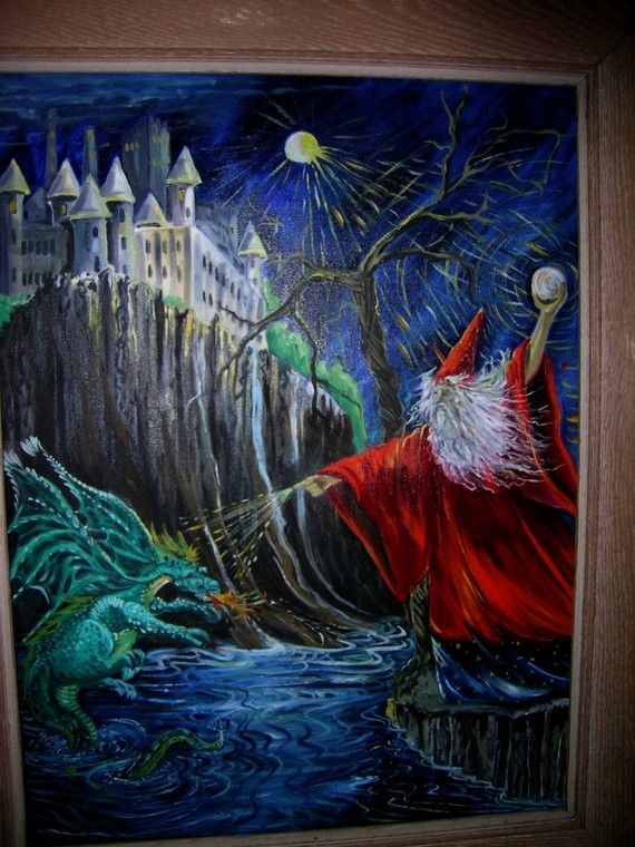570x760 Wizard Castle And Dragon Acrylic Painting By Art4u2buy On Etsy - Wizard Painting