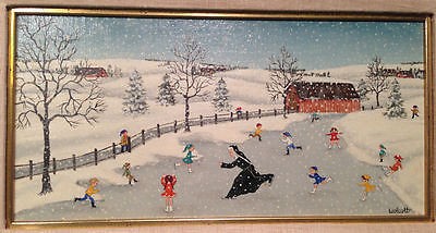 400x214 Original Painting Diane Wolcott Frozen River Skating Nun Children - Wolcott Painting