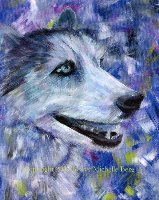 517x650 Husky Wolf Dog Art Print Of Acrylic Painting On Purple - Wolf Acrylic Painting