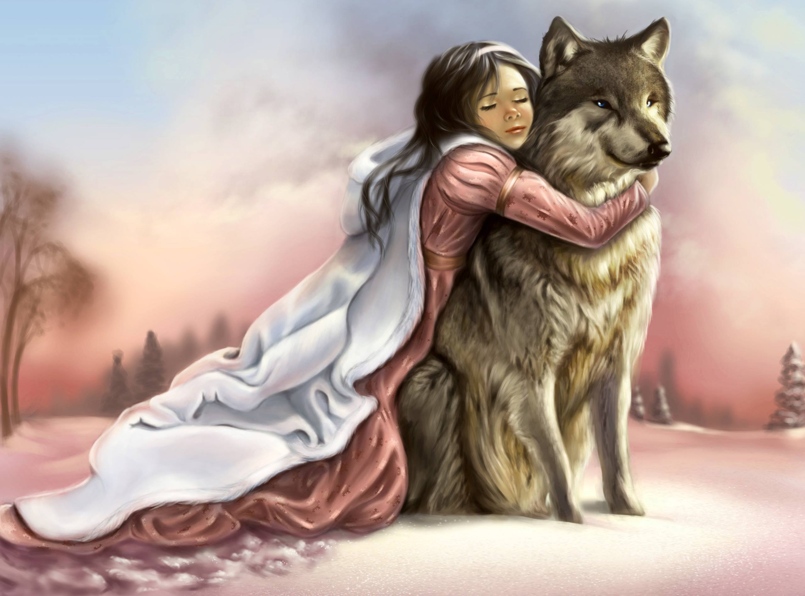 2560x1895 Painting Of Beautiful Girl And Wolf Wallpaper - Wolf And Girl Painting