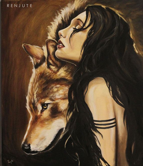 570x660 Wolf And Native Girl Original Oil Painting By Firepaintings - Wolf And Girl Painting