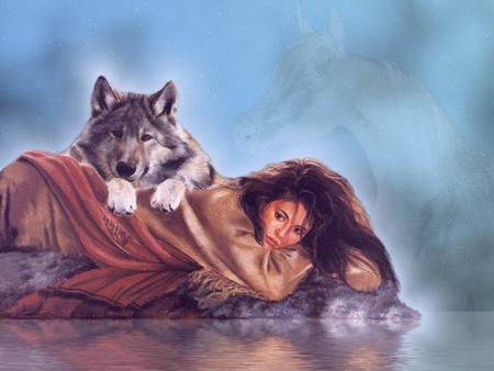 450x338 Girl And Wolf - Wolf And Girl Painting