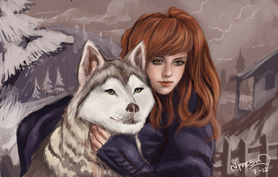 900x574 A Girl And Her Wolf - Wolf And Girl Painting