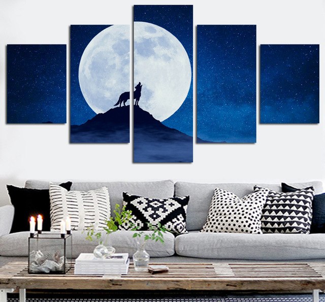 640x595 Space Moon Canvas Set Wall Art Wolf Canvas Paintings Modular - Wolf Canvas Painting