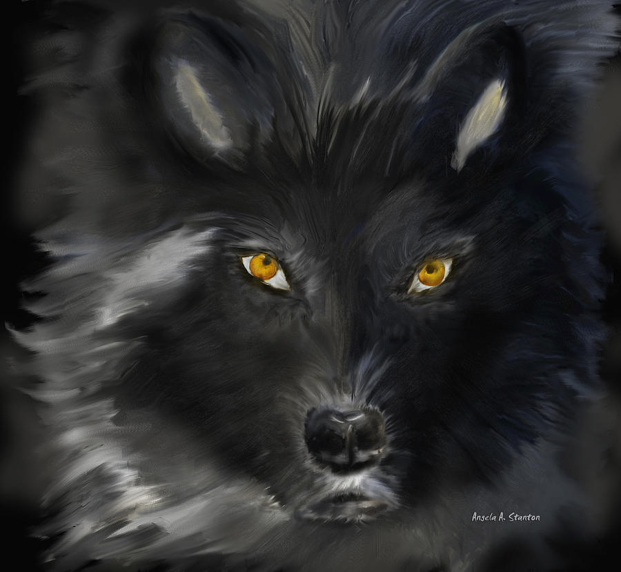 900x829 Black Wolf With Yellow Eyes Painting By Angela Stanton - Wolf Eyes Painting