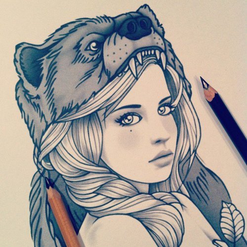 500x500 Wolf Girl Painting Tattoo With Feathers Design Idea For Men And Women - Wolf Girl Painting