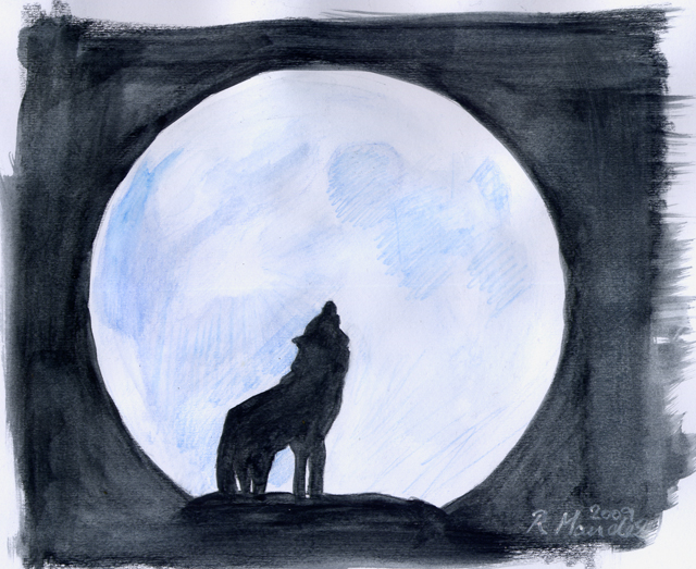 640x523 Wolf Howling At Blue Moon By Flaggster - Wolf Howling At The Moon Painting