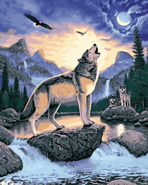 512x640 Mahuaf I735 Wolf Howling Lake Bird Painting By Numbers Animal Diy - Wolf Howling Painting