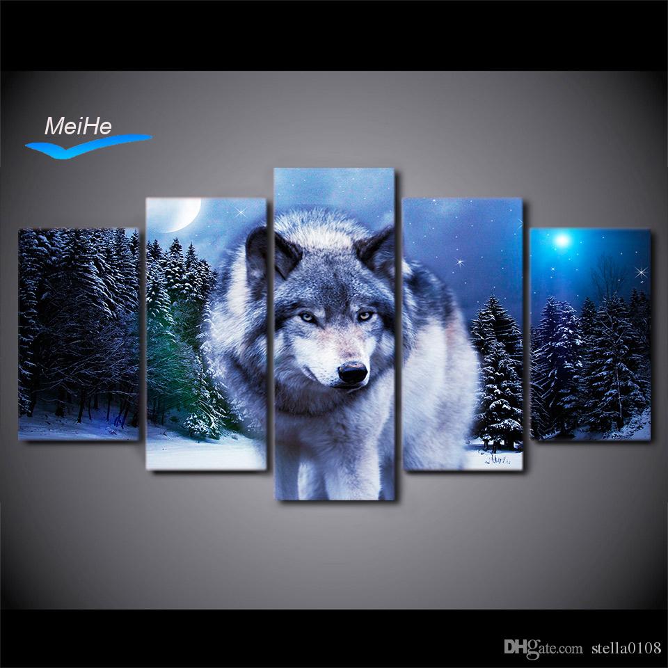 960x960 2018 Hd Printed Snow Wolf Moon Group Painting Canvas Print Room - Wolf Moon Painting