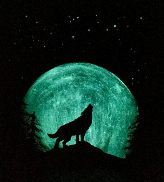 570x631 Wolf Moon Painting Original Art Glow In The Dark Night Sky Pine - Wolf Moon Painting