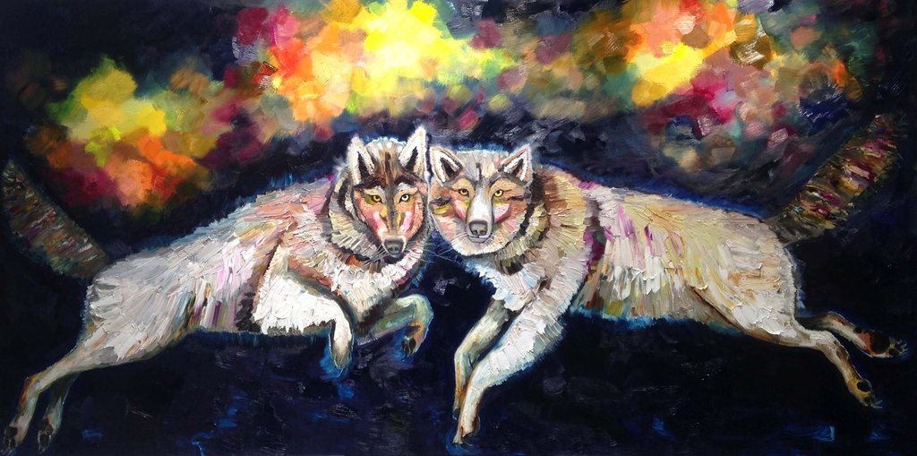 1024x509 Dancing Wolves - Wolf Oil Painting