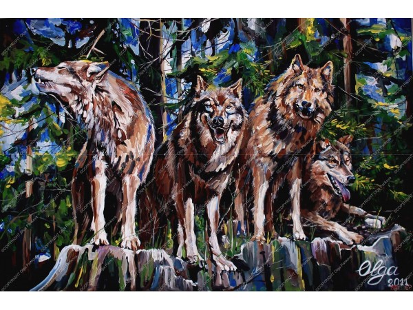 600x450 Art Painting Wolf Pack - Wolf Pack Painting