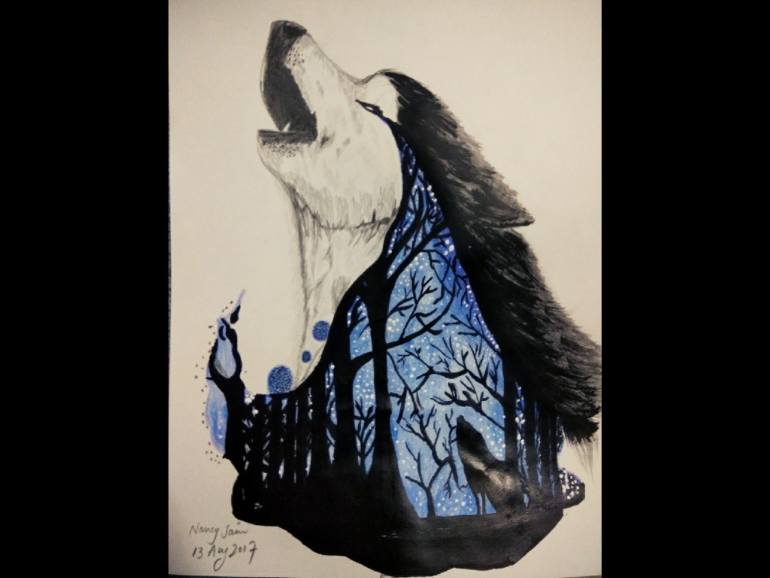 770x578 Saatchi Art Night Wolf Painting Painting By Nancy Jain - Wolf Painting