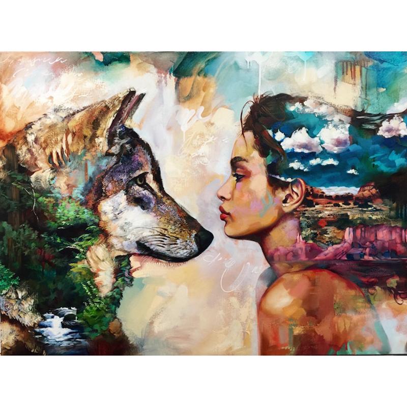800x800 Wolf And Girl 5d Diy Diamond Embroidery Painting - Wolf Painting