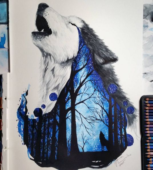 536x596 Wolf In Night, Jonna Candy, Watercolor Pencils, 2017 - Wolf Painting Watercolor