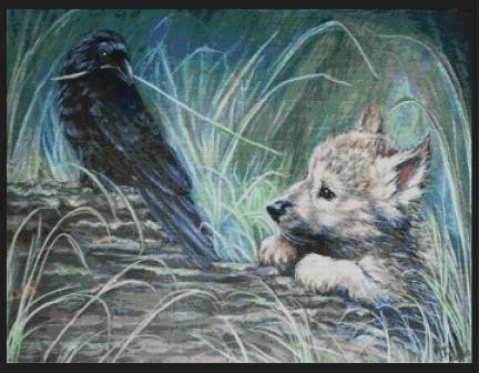 432x336 First Play Date Raven Amp Wolf Pup Cross Stitch Kit - Wolf Pup Painting
