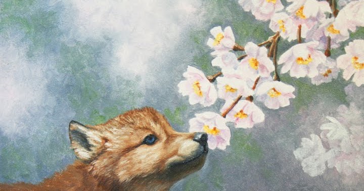 720x378 Forest Wildlife Art Wolf Pup And Flower Blossoms Painting - Wolf Pup Painting