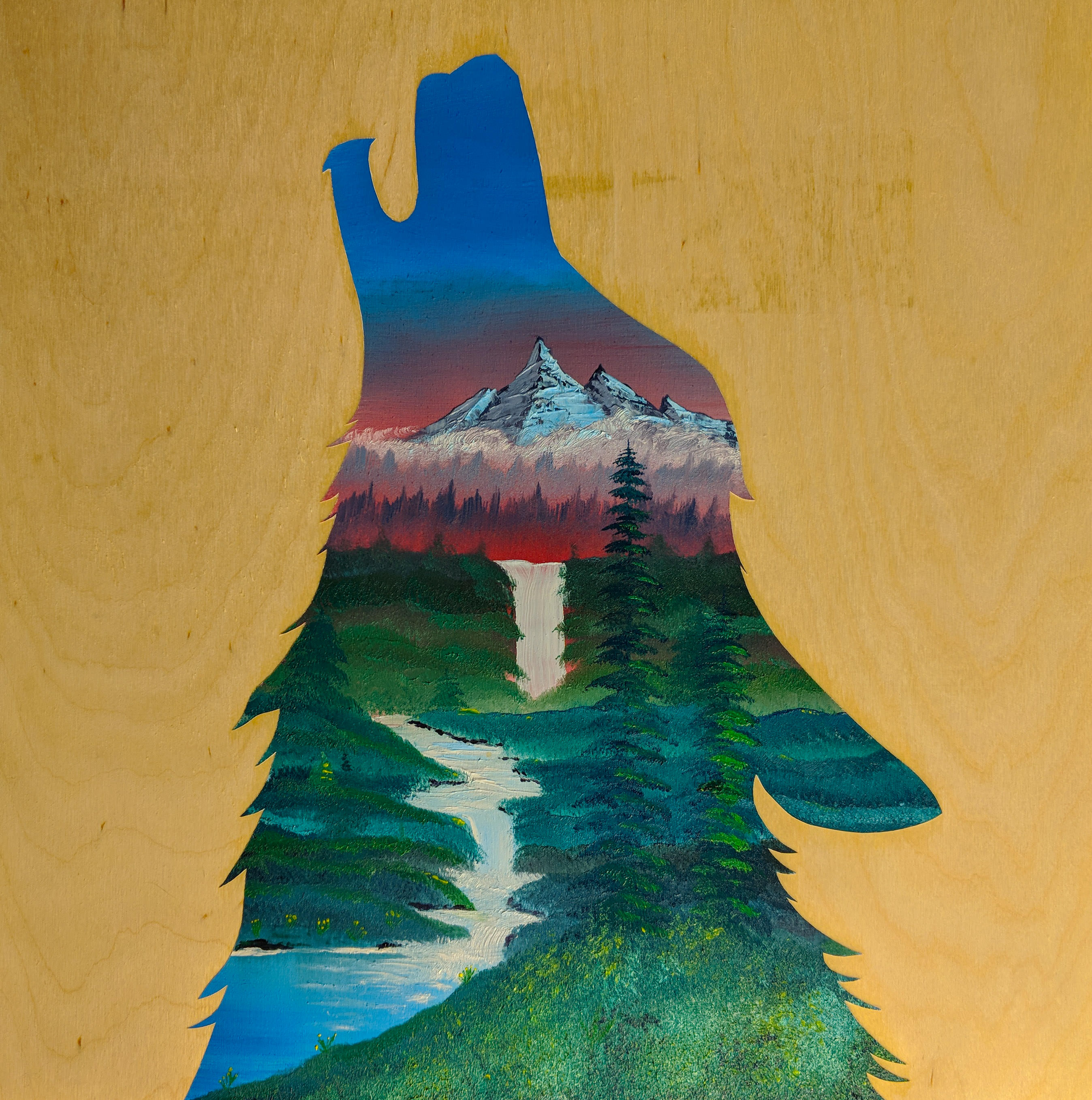 2695x2716 Painted A Bob Ross Landscape In A Wolf Silhouette. - Wolf Silhouette Painting