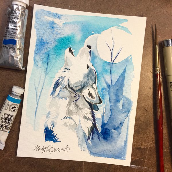 600x600 Howling Wolf Watercolor Mini By Lucky978 - Wolf Watercolor Painting